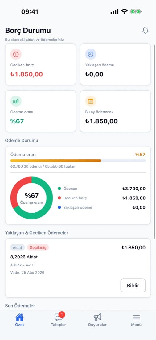Sakinin telefondaki borç ekranı: geciken ve yaklaşan ödemeler (örnek veri)