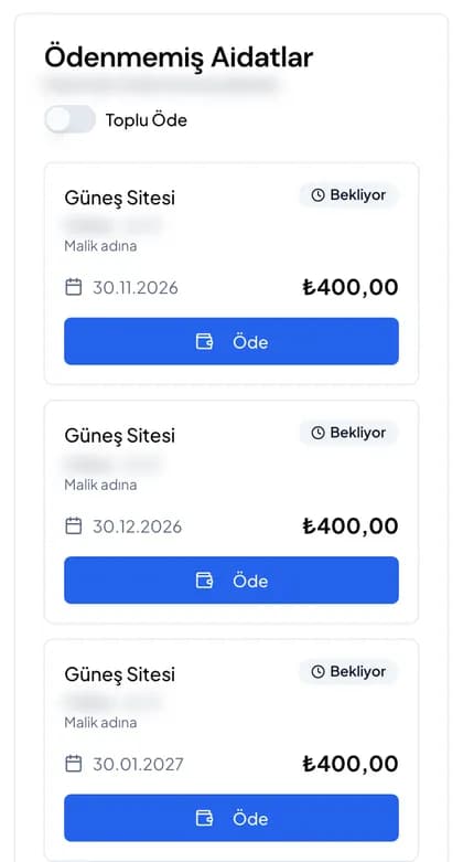 Apartora mobil sakin ekranı: ödenmemiş aidatlar, son ödeme tarihleri ve Öde düğmesi